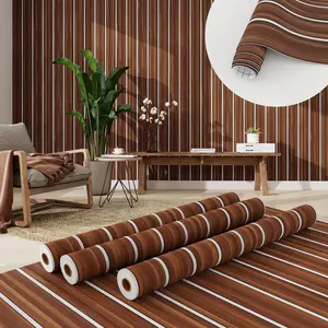 Modern Minimalist Wood Slat Wallpaper, Self-Adhesive PVC Waterproof Wall Sticker with Printed Wood Grain Vertical Stripes, Peel and Stick, Easy to Install, Waterproof and Wear-Resistant for Bedroom, Living Room and Kitchen Decor.