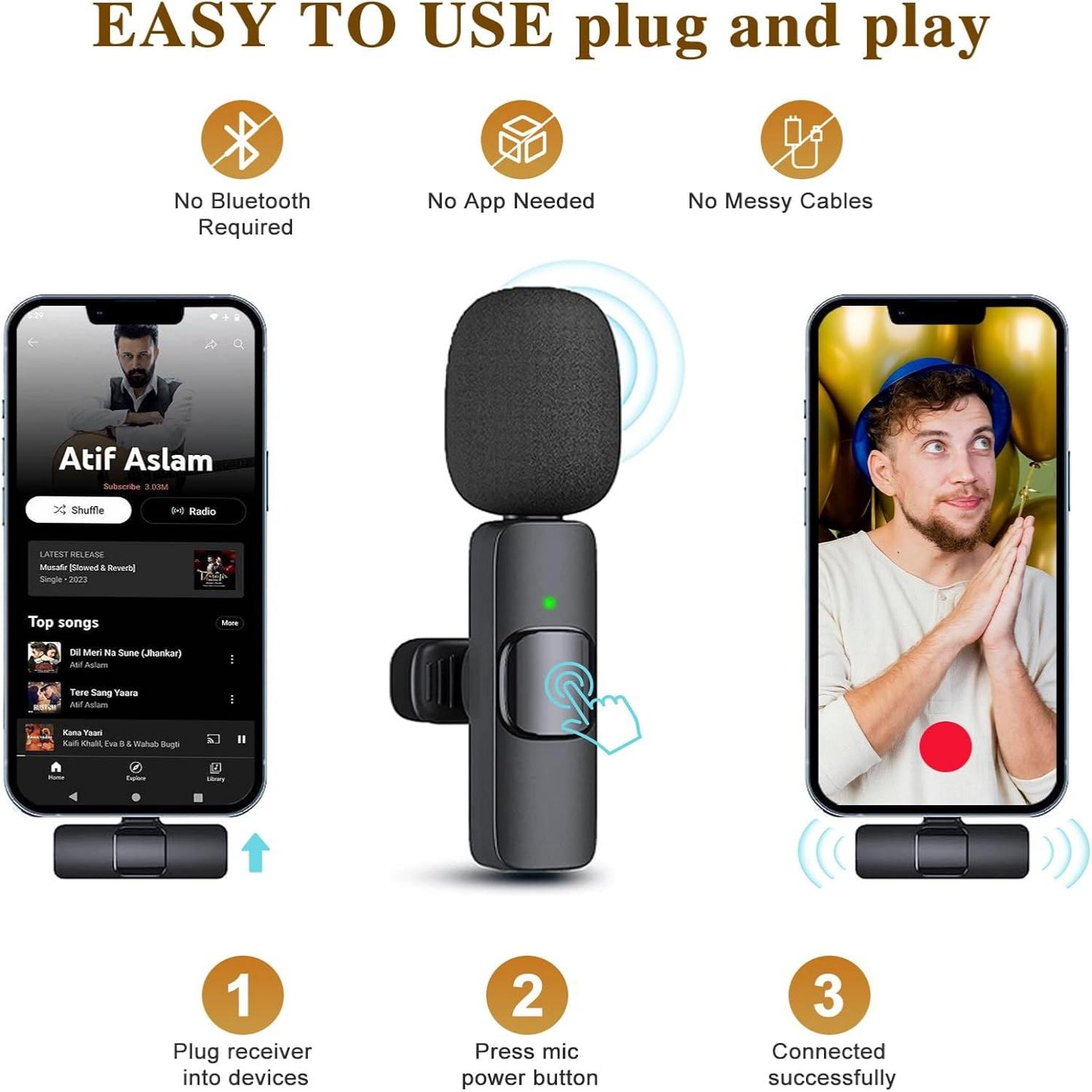 Wireless Mini Microphone for iPhone iPad & Android 2 Pack Lavalier Lapel Mic with Noise Reduction for Video Recording Interview Podcast YouTube TikTok Vlog  microphone Multi-Purpose Rechargeable Clip-on Microphones interview podcast vlog youtube tiktok