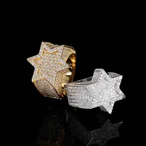 New Style Hip Hop Micro Pave Zirconia Star of David Men's Ring, Golden-tone Plated