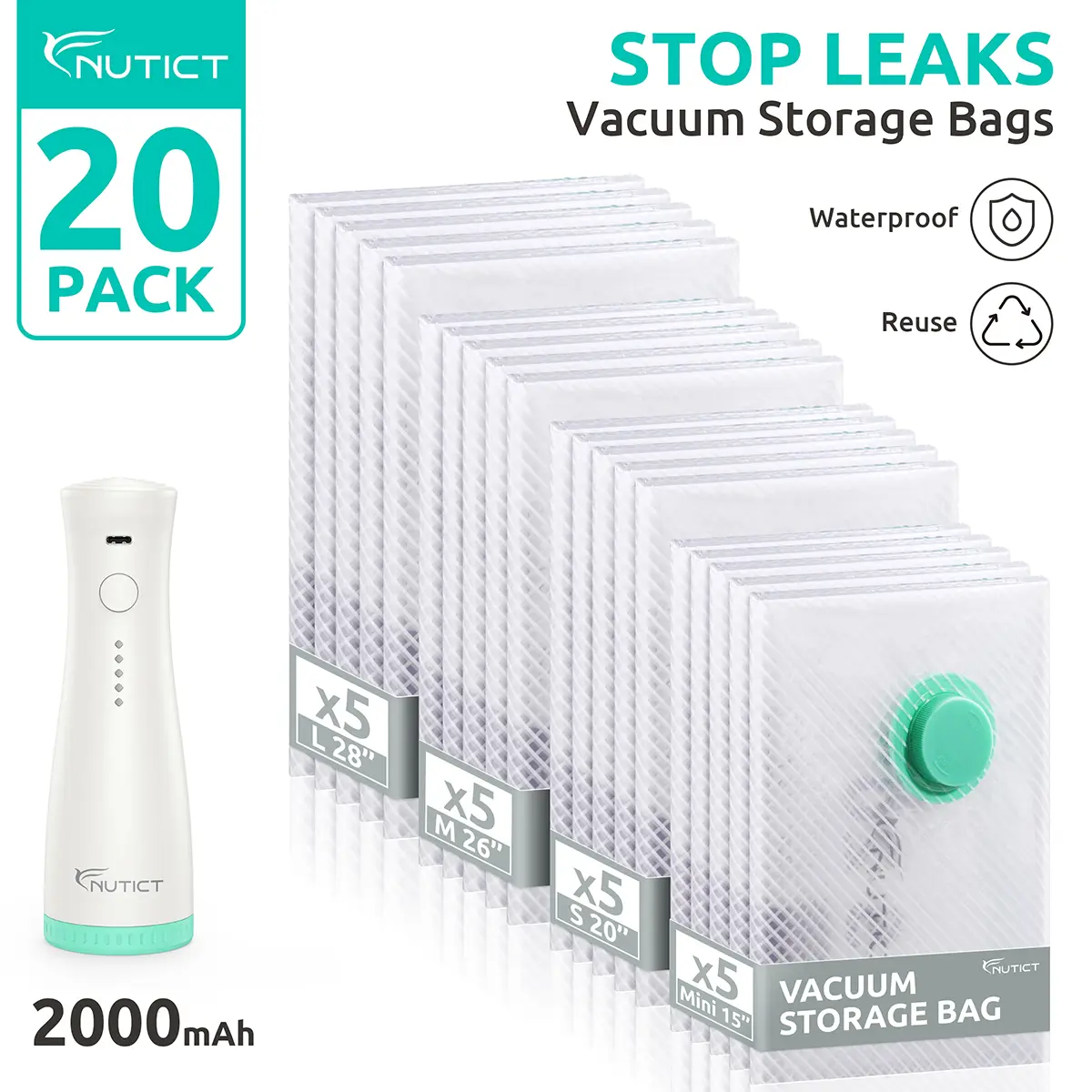 NUTICT 20-Pack Vacuum Storage Bags with Pump - 3.5 Mil Thick Space Saver Organiser Bags for Home & Travel, Compression Seal for Clothes, Blankets, Seasonal Storage