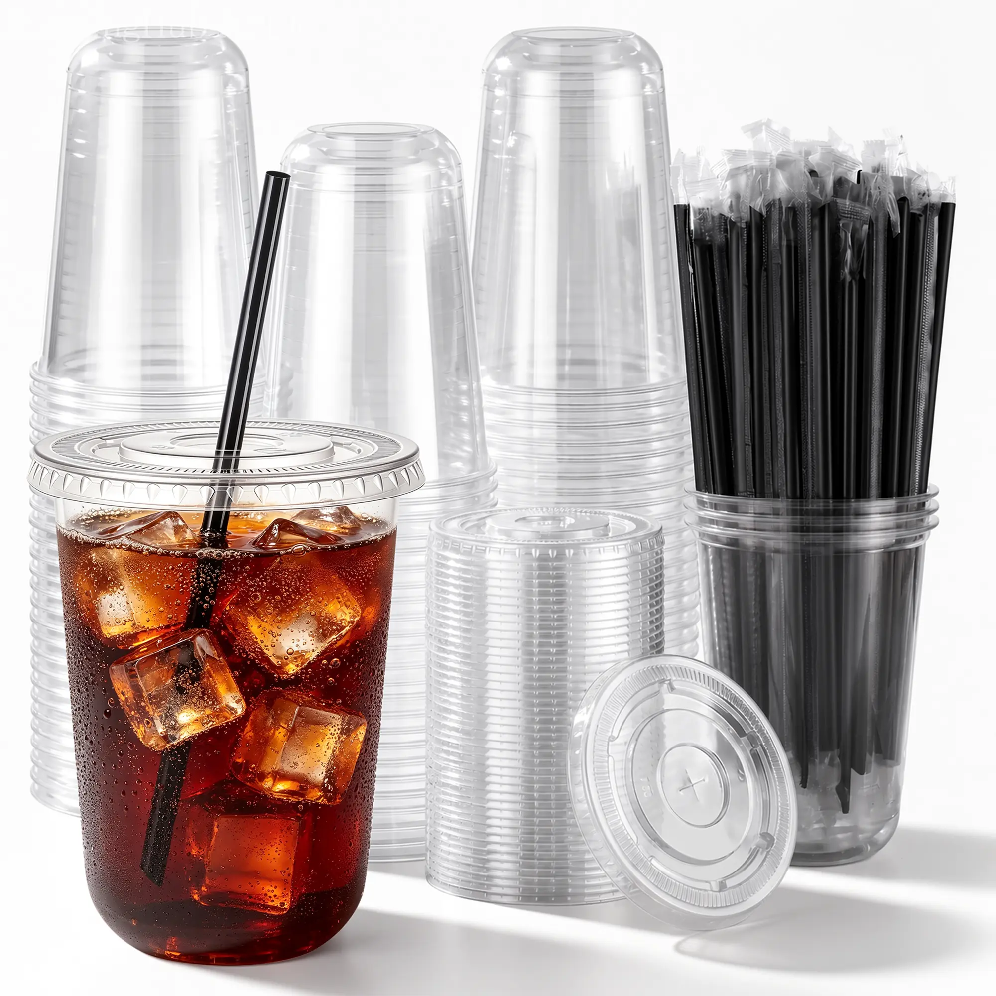 100 Set Clear Plastic Iced Coffee Cups with Lids and Straws Disposable, To Go, Round Bottom, Leak-Proof, for Cold Drinks Lemonade Matcha Slushie Smoothie, Cafe Soda Bar Party Supplies ，ice coffee