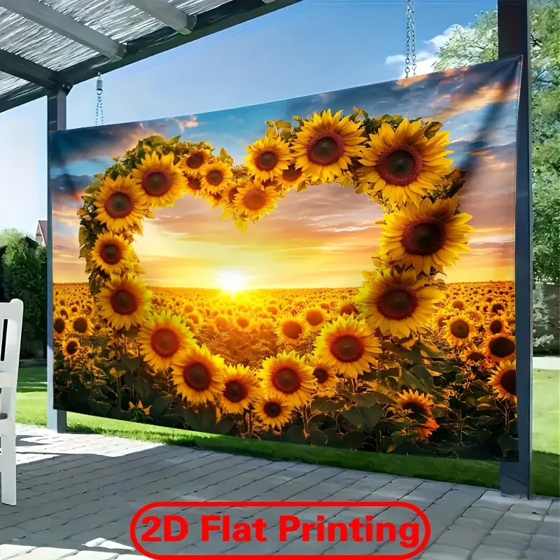 1PC Polyester 2D Flat Romantic Heart-Shaped Sunflower Sunset Tapestry - Pastoral Natural Scenery Wall Hanging, Reusable Decorative Cloth, Romantic Bedroom Accessories for Living Room, Birthday Party Backdrop,summerwins