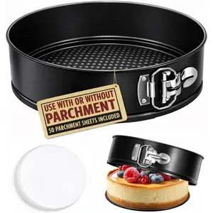 9 Inch Springform Pan Tin with 50pcs Parchment Paper Cheesecakes Baking Mold Round Leakproof Nonstick Removable Bottom Bakeware for Pie Cake Pizza and Quiches
