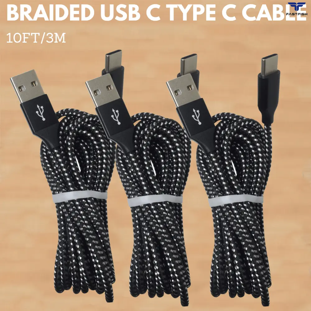 FastFish 3 Pcs Premium Quality Nylon Braid USB-A to C Charging Cable (10Ft/3M) - QuickCharge 2.0 Fast Charge Sync Cord for Samsung, LG Smartphones