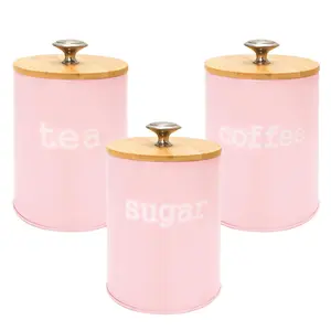 Bamboo Lid Sealed Jar Set of Three Pink Metal Kitchen Storage Jars Complete Set for Tea, Coffee, and Sugar Storage Perfect for Bar Counter or Rustic Home Decor