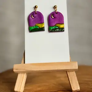 Harvest Moon Small Polymer Clay Dangle Earrings with Purple Glitter Design and Gold Accents