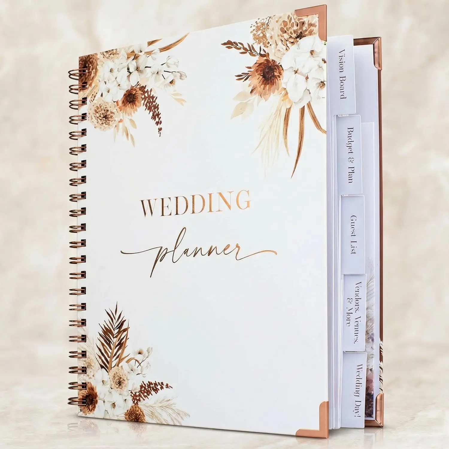 Boho Wedding Planner Book & Organizer - 9x11in Office Stationery with Beautiful Boho Design, Rose Gold Accent, Comprehensive Sections, Organized Layout, Unique Engagement Gift for Newly Engaged Couples