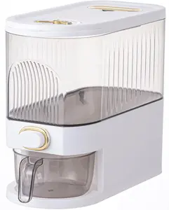 11Lbs Rice Dispenser, Large Grain Container Storage with Lid, Measuring Cylinder, Moisture Proof Household Cereal Dispenser Bucket for Kitchen Soybean Corn, Clear and White