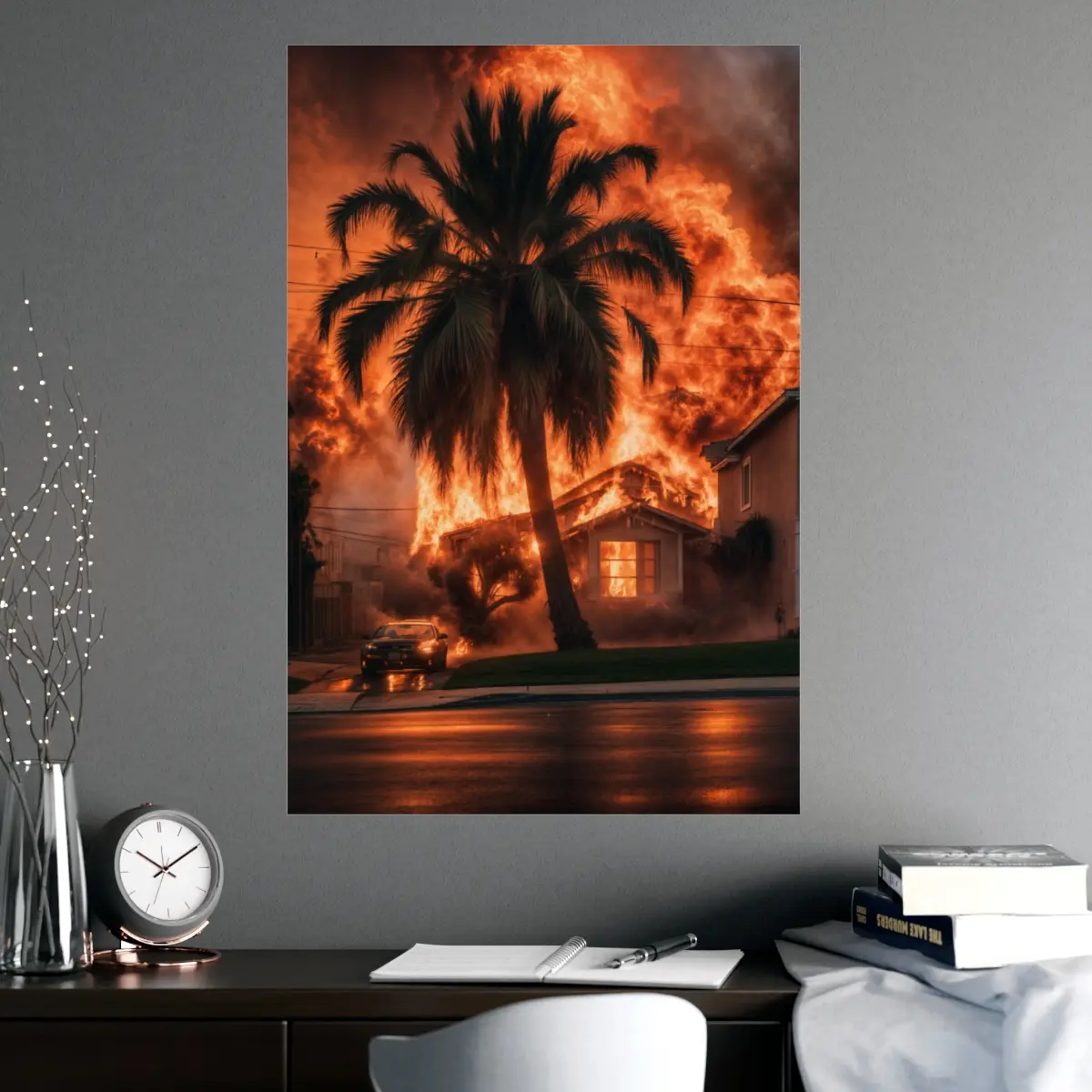 LA in Flames #2 - Suburban House Fire - Vertical Matte Poster Decor Photo Artistic Print