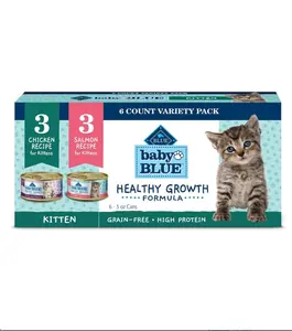 Blue Buffalo Baby Blue Natural Kitten Wet Cat Food Variety Pack 6-3oz Cans High-Protein Grain-Free Chicken & Salmon Recipes Healthy Growth Formula with DHA