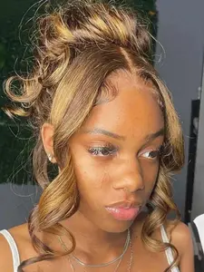 360 Highlight Ombre Invisi Strap Full Lace Front Wig Human Hair 180% Density Pre Plucked Body Wave 360 Glueless Human Hair Wig Upgrade 4/27 Honey Blonde Colored Human Hair Wig For Women