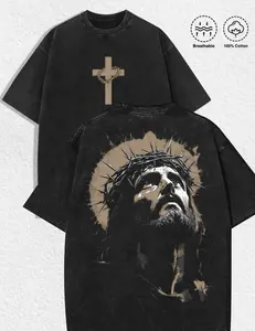 B-Vintage Washed Jesus Graphic T-Shirt | Heavyweight 100% Cotton Streetwear | Oversized Christian Faith Tee | Retro Cross Graphic Top Unisex