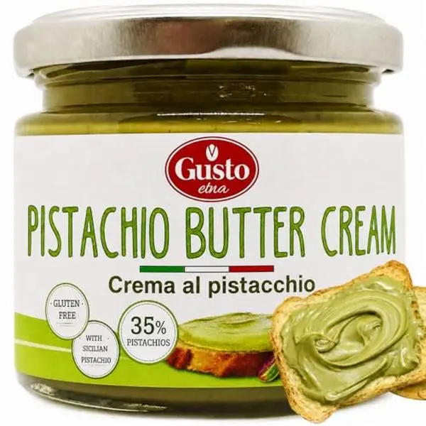 GUSTO ETNA Sicilian Pistachio Cream Spread, 35% Pistachios 6.7 oz (190g) | Rich, sweet spreadable butter for knafeh dubai pistachio chocolate bars desserts, and toast, Product of Sicily, Italy.