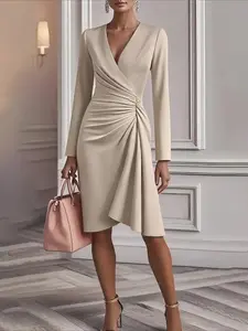 Ladies' Dress for Spring And Fall Featuring a Pleated Waist Design, V-Neck, And a Solid Color. This Slim-Fit, Long-Sleeved Dress Is Stylish And Elegant, Suitable for Parties, Work, And Everyday Use. It Is Machine Washable And Made from Soft