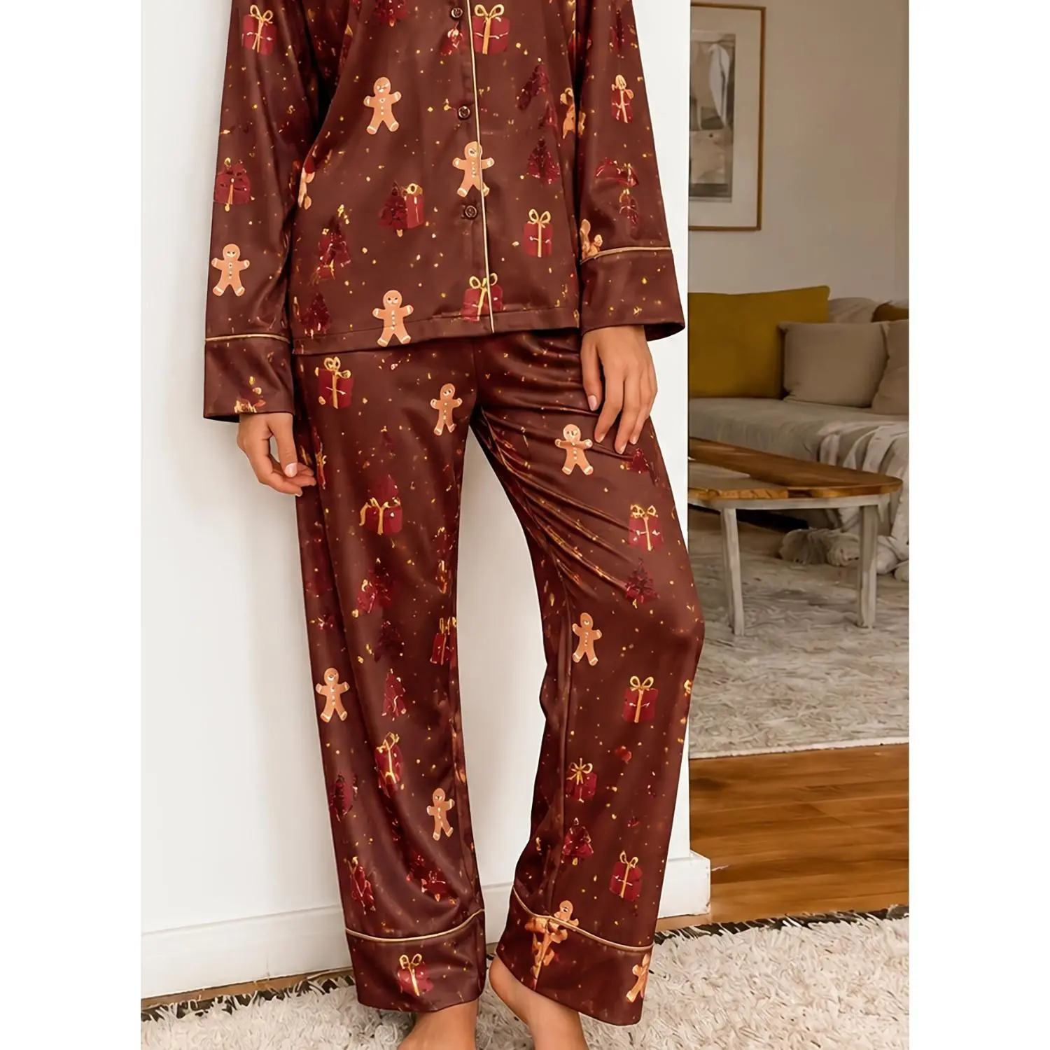 Women's Christmas Gingerbread Man Print 2-Piece Pajama Set Long Sleeve Button-Up Top and Pants