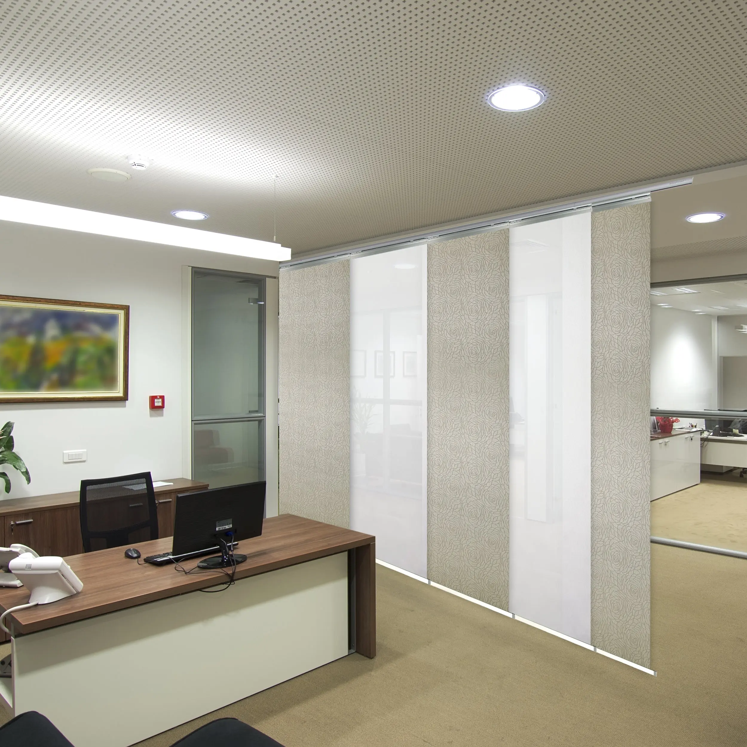 5-Panel Single Rail Panel Track Blind Extendable 58"-110"W x 91.4"H, Panel width 23.5", Winter, Iris