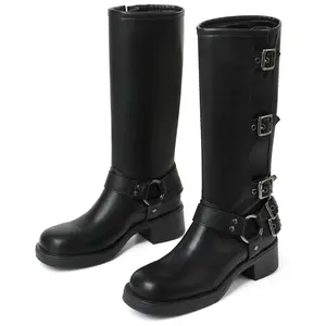 Women's metal multi buckle belt square toe mid heel boots with retro motorcycle style knight boots
