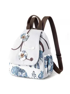 Ethnic Handwoven Canvas Backpack with Elephant Embroidery Women Casual Retro Travel Rucksack