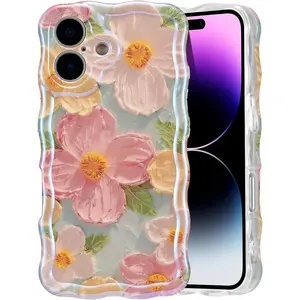 Case for iPhone 17, Colorful Retro Oil Painting Printed Flower Laser Glossy Pattern Cute Curly Wave Edge Exquisite Phone Cover Stylish Durable TPU Protective Case for Girl Women-Green