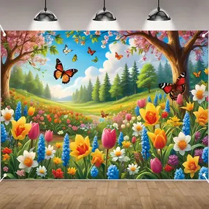 1PC,2D Flat Spring Dream Garden Butterfly Backdrop,Floral Forest Landscape Photography Background Cloth, Birthday Party Kids Room Decor Tapestry, Photo Props For Baby Shower, Wedding, Event Decoratio