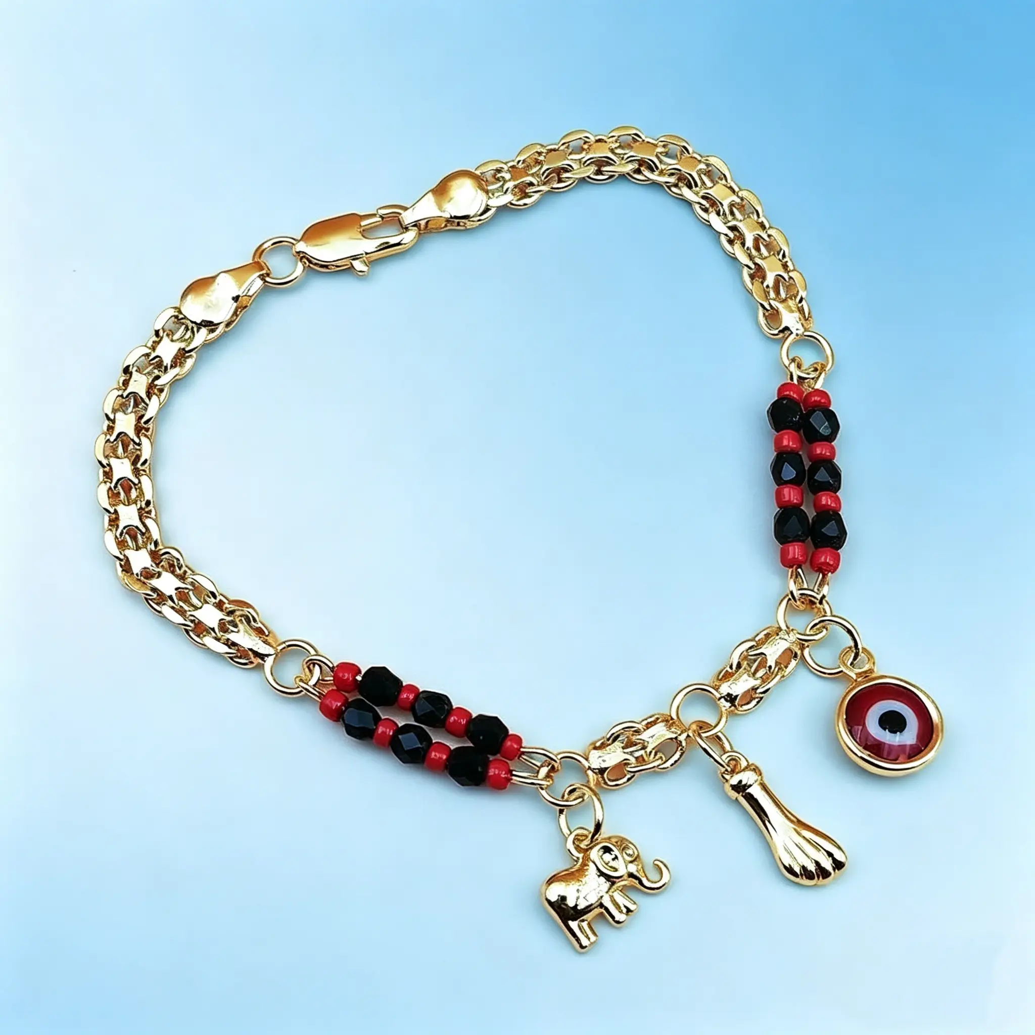 1PC Unisex Bohemian Red & Black Beaded Bracelet, 14K Gold Brass Plate Lucky Charms Devil's Eye Elephant Fixed Length Evil Eye Sports & Outdoor Accessory