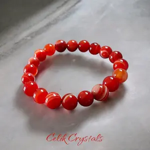 Red and Orange Striped Carnelian Beaded Bracelet 10mm Beads - Unisex