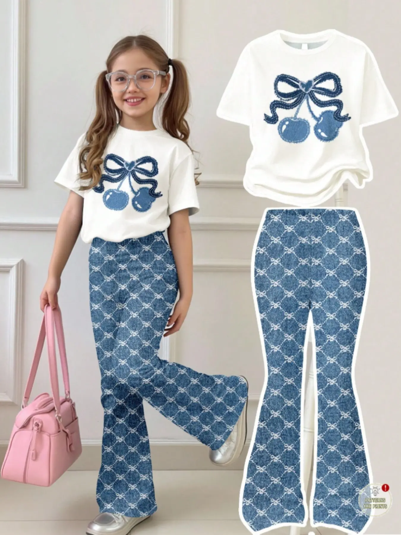 Vintage Cute Sets Mini Heart Cherry Print T-Shirt and Bell Bottom Flare Pants Set for Teen Girls, Casual Loose Short Sleeve for All Seasons