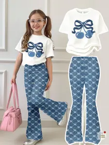 Vintage Cute Mini Heart Cherry Print T-Shirt and Bell Bottom Flare Pants Set for Teen Girls, Casual Loose Short Sleeve for All Seasons