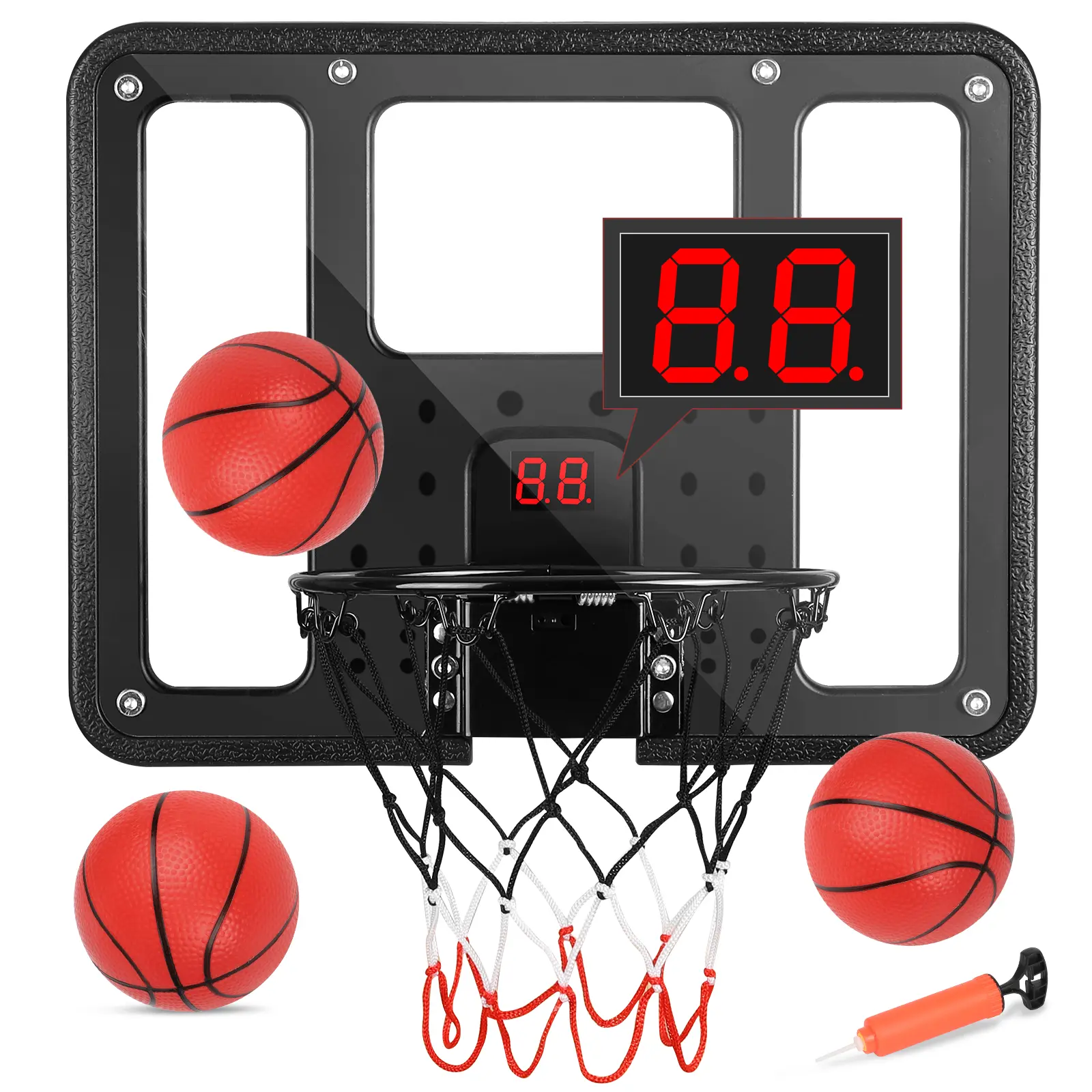 Compact Over-the-Door Mini Basketball Hoop Set - Compact Setup, Fits Standard Doors, LED Scoreboard, 3 Game Modes, Spring Breakaway Rim, Includes Balls & Pump, Indoor Games for Children Sports Play
