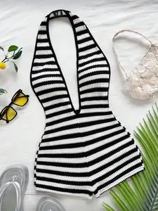 European Style Halter Neck Deep V Backless One-Piece Shorts, Striped Bodycon Waistcoat, Beach Vacation, Streetwear, Date