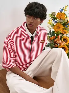 Unisex Red & White Stripe Graphic Half-Zip Polo Shirt | Lightweight Cotton Blend | Oversized Drop Shoulder | Retro Preppy Vibe | Urban Casual Essential