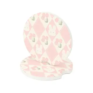Bunny & Rose Soapstone Car Coaster | Kawaii Animal Car Accessories | Pastel Cottagecore Car Decor | Soft Girl Aesthetic | Cute Car Must-Have | Floral Bunny Lover Gift | Gift Under $10