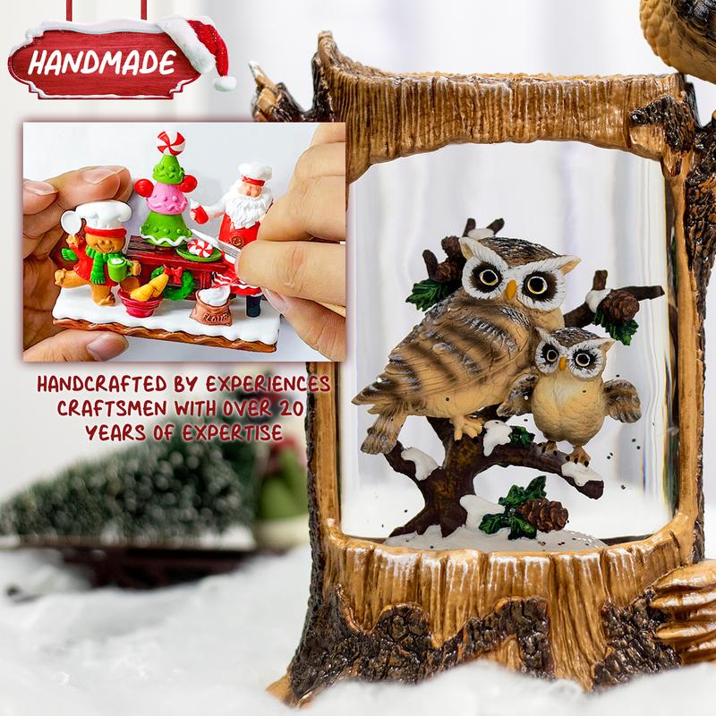 Christmas Owl Family Snow Globe, Musical Glittering Christmas Snow Globes Lantern with Timer, Large Owl Collectible Figurines Christmas Holiday Home Decor Battery Operated USB Powered