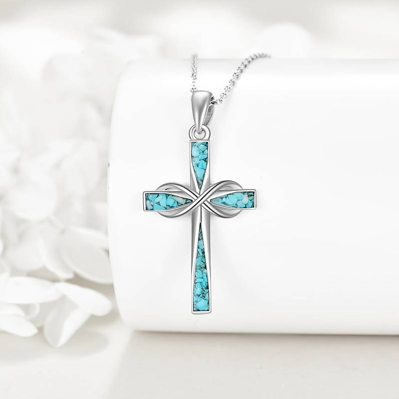 3Pcs Bohemian Turquoise Cross Pendant Necklace and Earring Set for Women - Infinite Symbol Religious Cross Pendant - Holiday or Birthday Gift for Friends