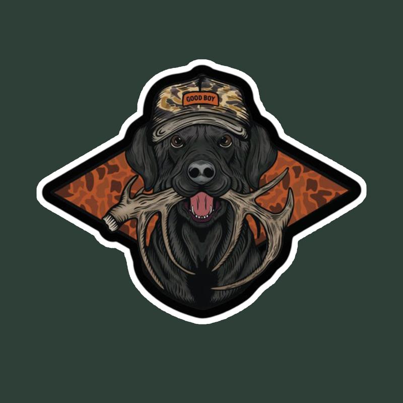Hunting Dog Sticker with Antlers, Camo Hat Good Boy Decal, Retriever Hunting Vinyl Sticker for Trucks, Coolers, Laptops, Outdoorsman Gift, Deer Hunter Accessories