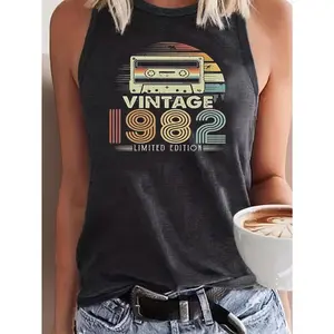 Holafish Summer Tank Top for Women Casual Sleeveless vintage 1982 Print Crew Neck Loose Fit Comfortable Racerback Breathable Tank Top for Summer Wear