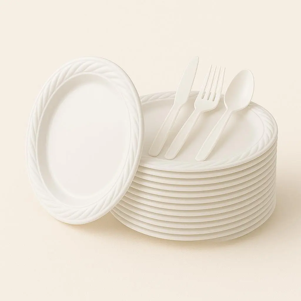Eco-Friendly Disposable Plates & Cutlery Set - 10 Biodegradable PP + Calcium Carbonate Plates, Forks, Knives, Spoons for Party, Picnic, Camping