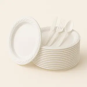 Eco-Friendly Disposable Plates & Cutlery Set - 10 Biodegradable PP + Calcium Carbonate Plates, Forks, Knives, Spoons for Party, Picnic, Camping