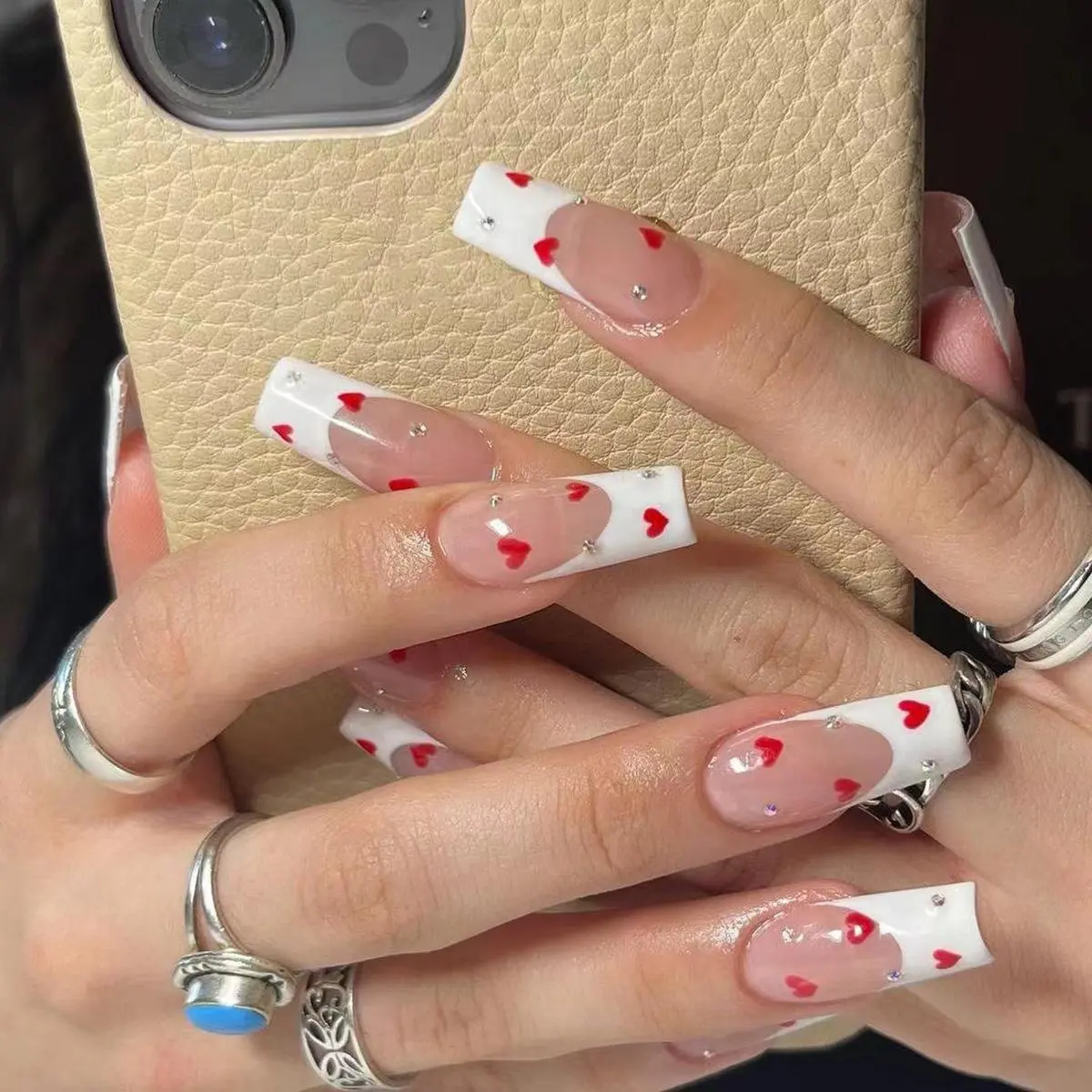 Heart Pattern Fake Nail Set, 24pcs/box French Style Square Press on Nails & Tape & Nail File for Women & Girls, Women Girls DIY Manicure Set Glossy Fake Nails