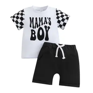 Toddler Boys Summer Outfits Mamas Boy Checkerboard Short Sleeve T-Shirts Tops and Elastic Waist Shorts Clothes Sets