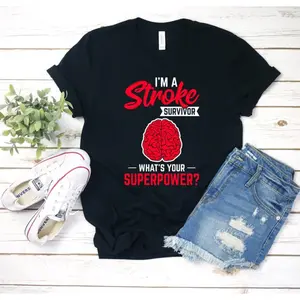 Cotton Short-Sleeve Knit Sporty Sports Top - Casual Round Neck Streetwear, Funny Graphic Stroke Community Survivor Support Awareness Gift, Sporty Sports Tops