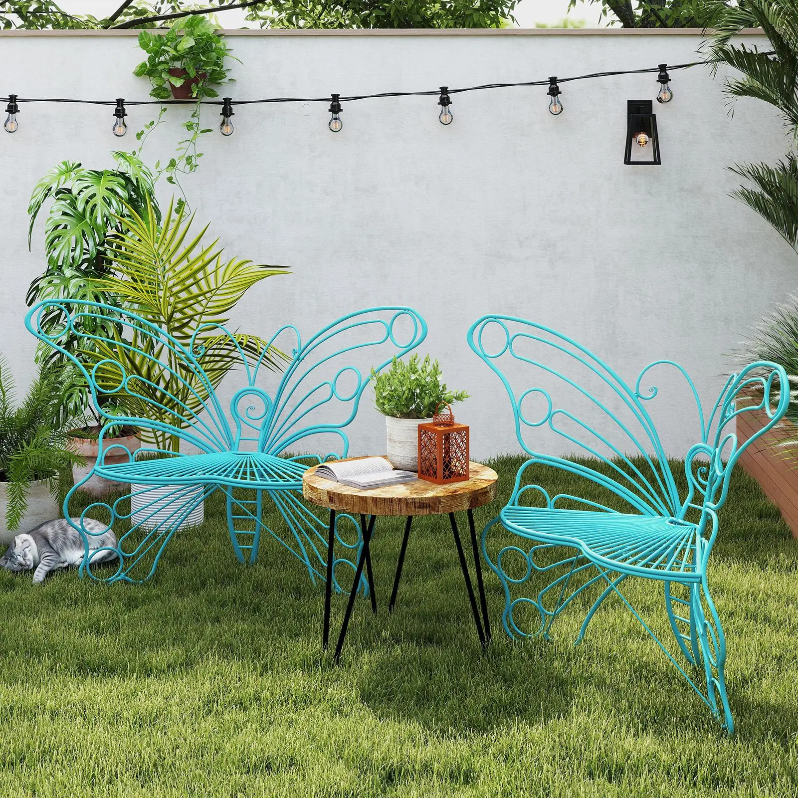 【summerwins】50 Inches Outdoor Bench, Garden Bench with Sturdy Iron Metal Frame, Pretty Butterfly Bench Front Porch Bench for Porch, Lawn, Garden, Yard, Patio, Backyard, Balcony, Heavy Duty Weather Resistant Anti-Rust Outside Seating Furniture