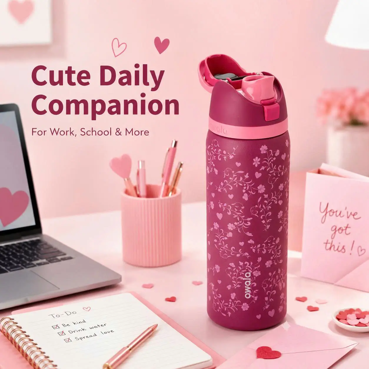 Owala FreeSip “Love Letter” Limited Edition 32oz Insulated Water Bottle – Pink Heart Floral Design