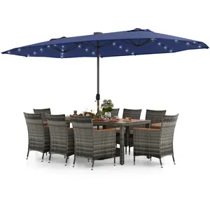 COSTWAY - 11 Pieces Patio Dining Set with 15 Feet Double-Sided Patio Umbrella Base Included-Navy