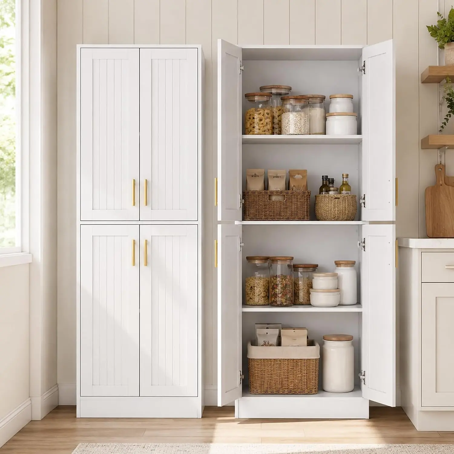 Space-Saving Kitchen Upgrade | White Pantry Cabinet with 4 Doors, Gold Handles & Adjustable Shelves for Kitchen, Dining Room or Laundry Room