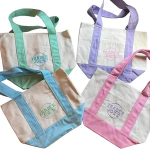 Trader Joe's Pastel Mini Canvas Tote Bags 2025 LIMITED EDITION NWT LOT OF 4 Embroidered Cotton--Single-sided lettered pocket