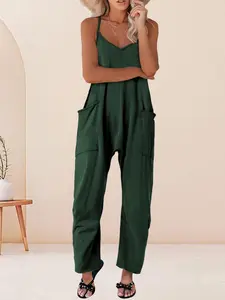 【Plus Size】 Solid Pocket Adjustable Strap Overalls, Casual Jumpsuits, Casual Sleeveless Jumpsuit for Summer, Women's Plus Clothing for Daily Wear
