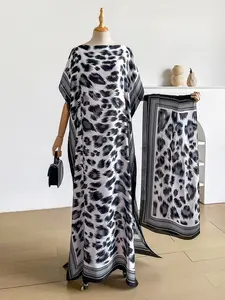 Sexy Leopard Print Robe Set, Long Dress with Headscarf, Sun Protection Silk Scarf, Beachwear Cover Up for Women, Fashionable and Stylish