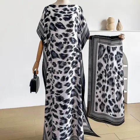 Sexy Leopard Print Robe Set, Long Dress with Headscarf, Sun Protection Scarf, Beachwear Cover Up for Women, Beach Cover Ups, Fashionable and Stylish, Beach Coverup