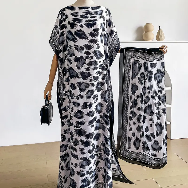 Sexy Leopard Print Robe Set, Long Dress with Headscarf, Sun Protection Scarf, Beachwear Cover Up for Women, Beach Cover Ups, Fashionable and Stylish, Beach Coverup